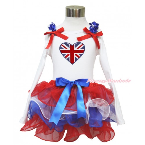 American's Birthday White Long Sleeve Top with Patriotic American Star Ruffles & Red Bow & Patriotic British Heart Print with Matching Royal Blue Bow Red White Blue Petal Pettiskirt MW485